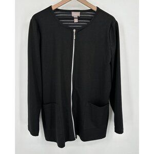 Chicos Zip Up Sweater Women 2 (large) Black Pockets Crew Neck Long Sleeve